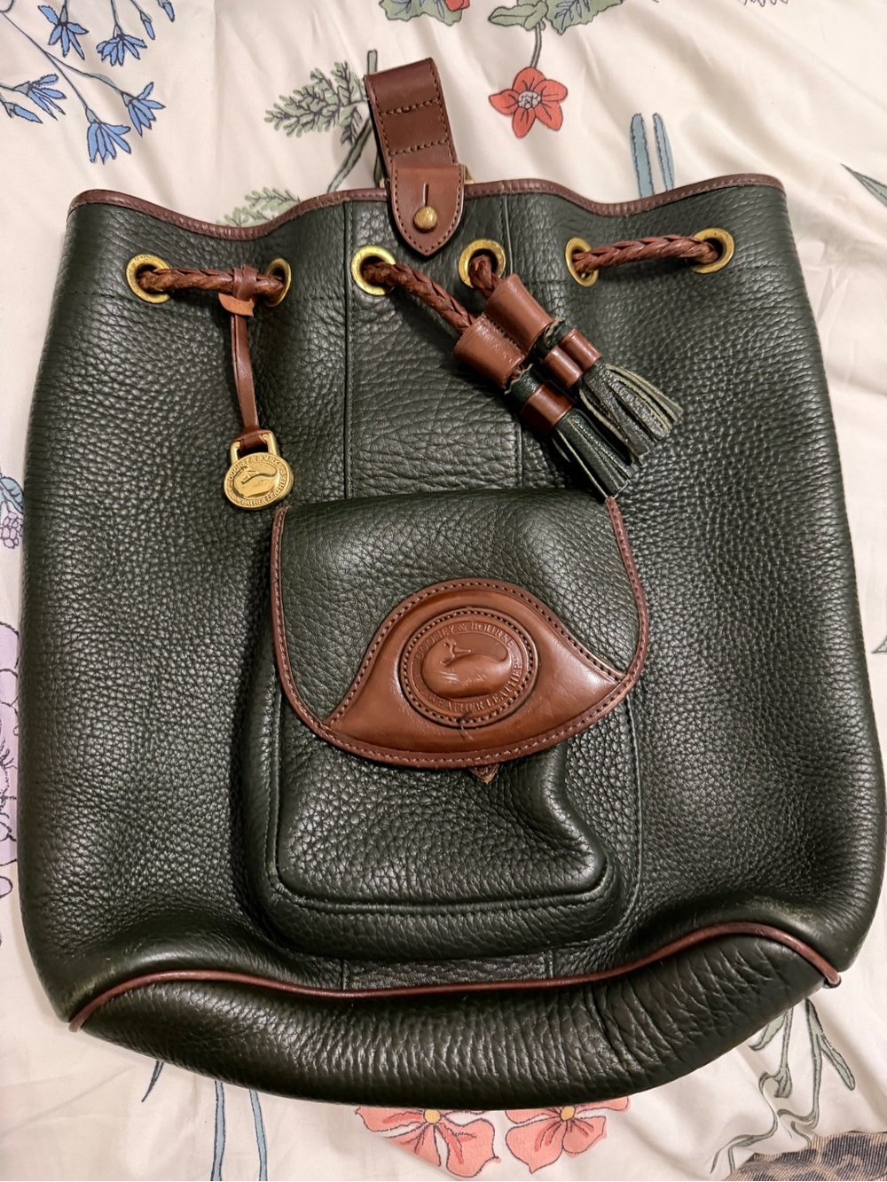 Dooney & Bourke Dark Green Pebbled Leather Drawstring Bucket Bag with Brown Trim